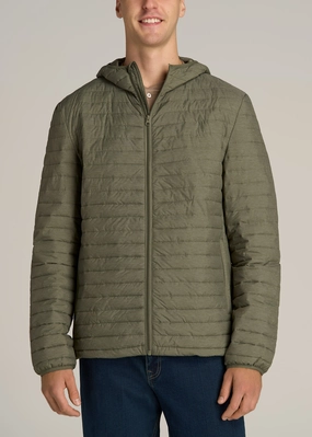Tall Men's Packable Puffer Jacket in Olive Space Dye RibbedKnitCollar