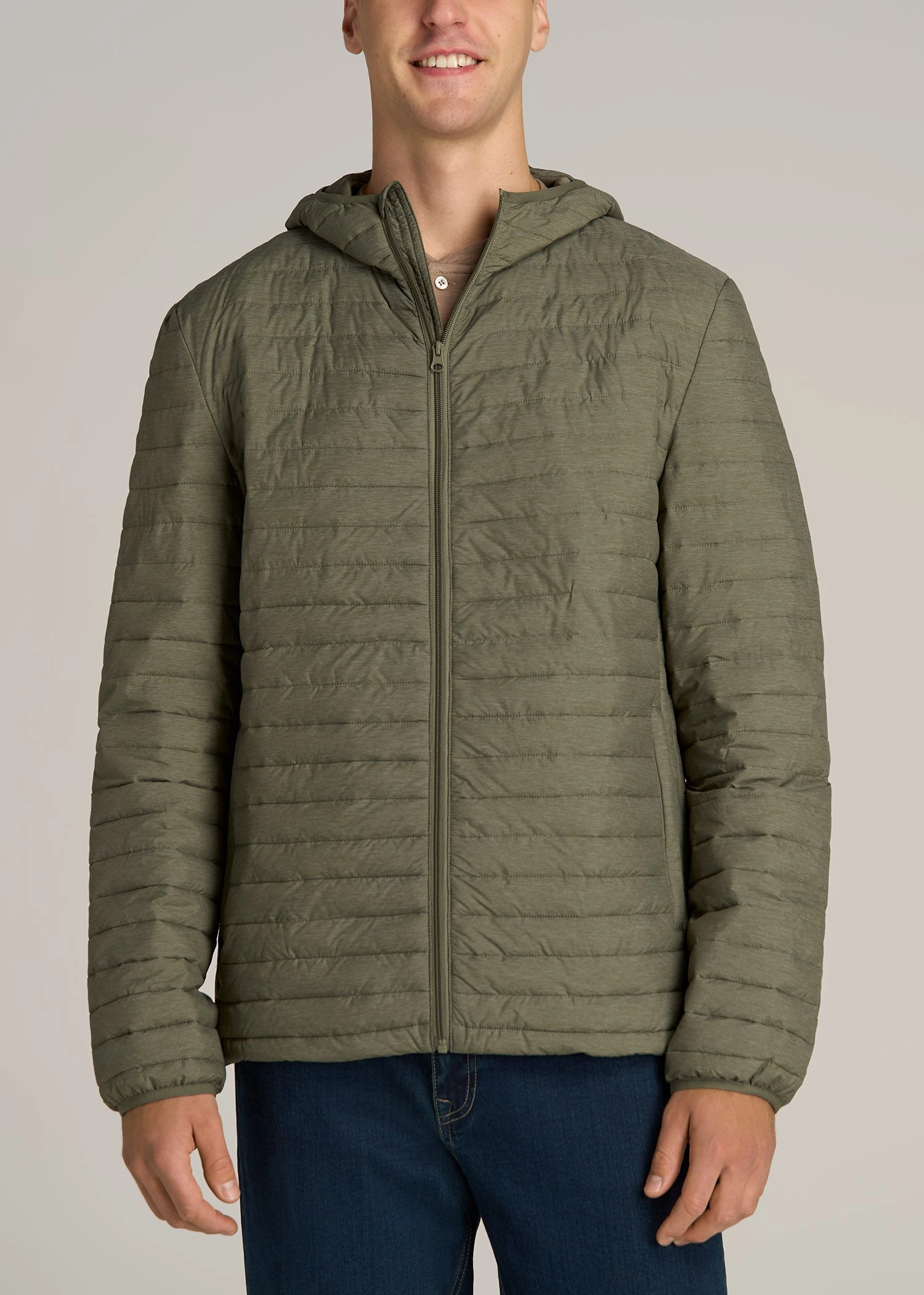 Light Activated Cooling Compression Packability Tall Men's Packable Puffer Jacket in Olive Space Dye