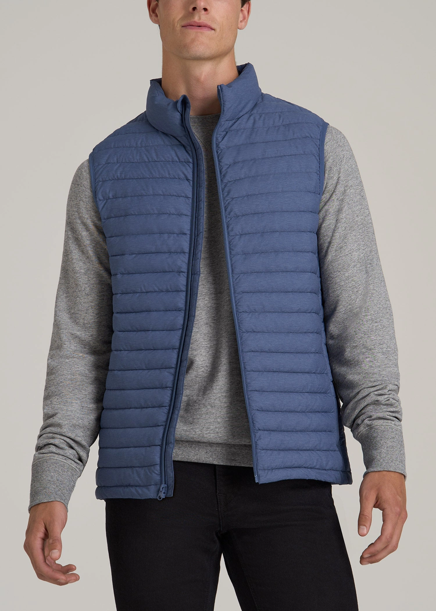 Minimalist Aesthetic Tall Men's Packable Puffer Vest in Steel Blue