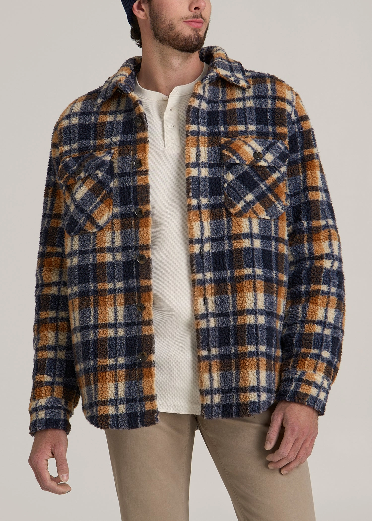 AdaptiveFitFabric Tall Men's Sherpa Shirt Jacket in Dark Blue and Orange Plaid