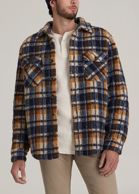 Tall Men's Sherpa Shirt Jacket in Dark Blue and Orange Plaid Sport Hoodie