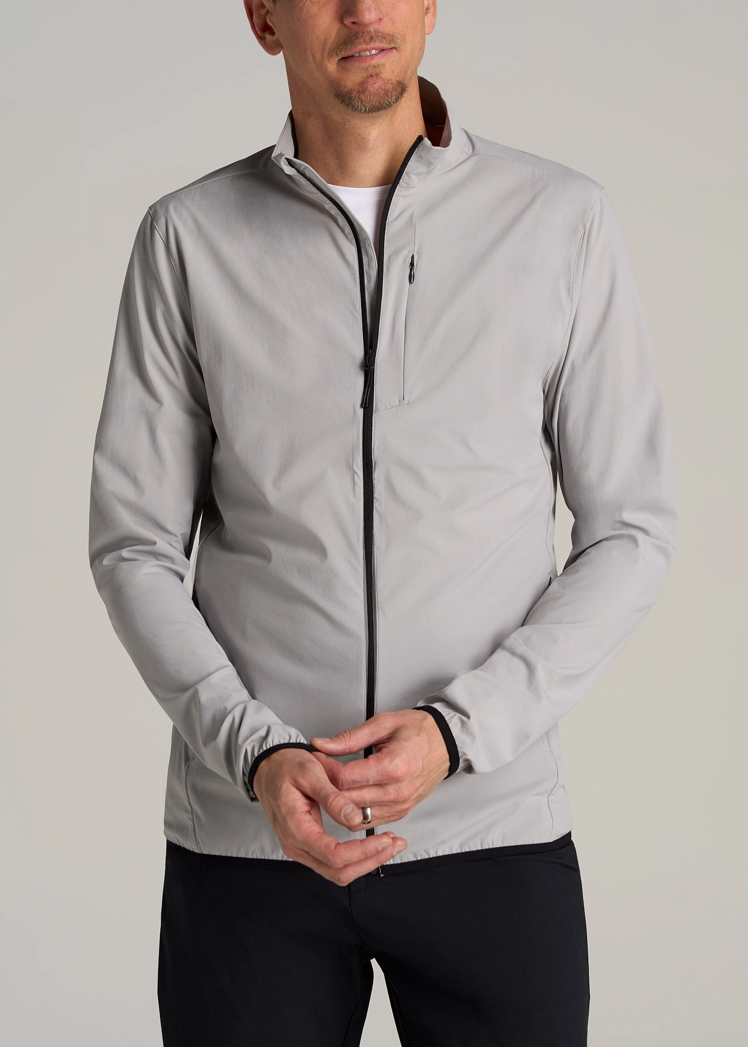 Mild Weather Vegan Leather Accents Tall Men's Softshell Jacket for Outdoor Training in Light Grey