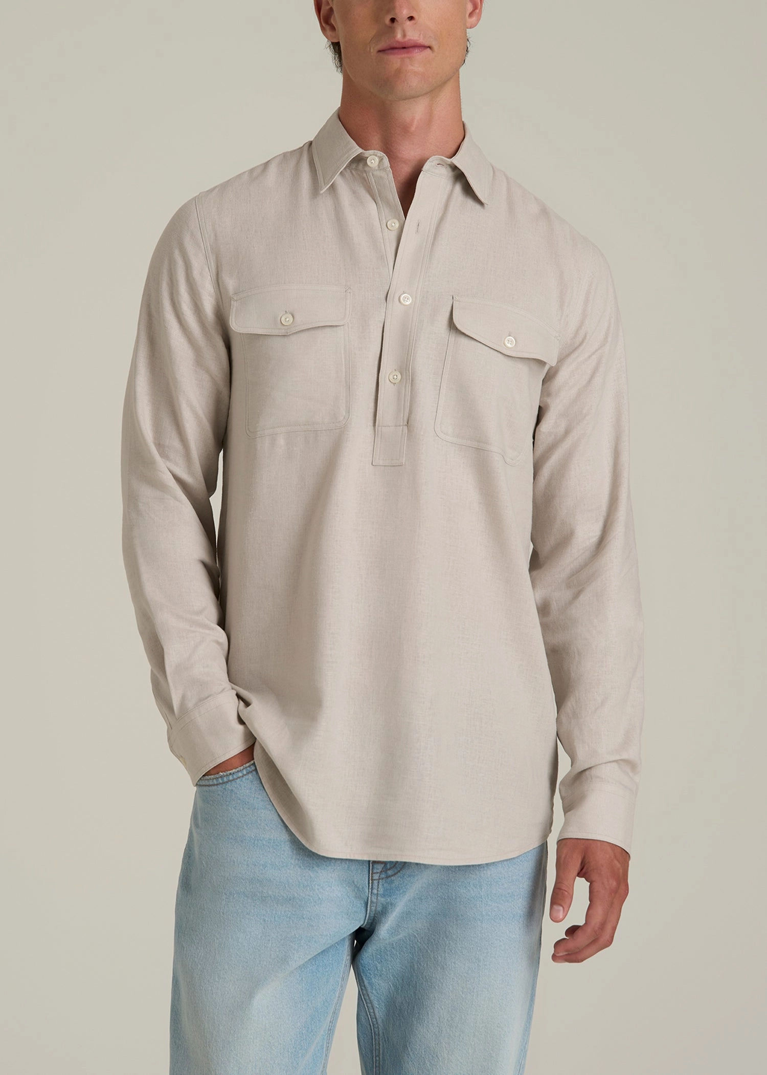 Linen Popover Shirt for Tall Men in Light Taupe LoopwheelFabric