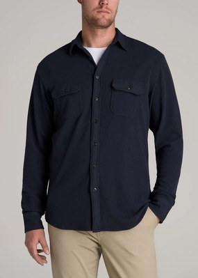 Printed Hoodie Stretch Flannel Button Tall Men's Shirt in True Navy