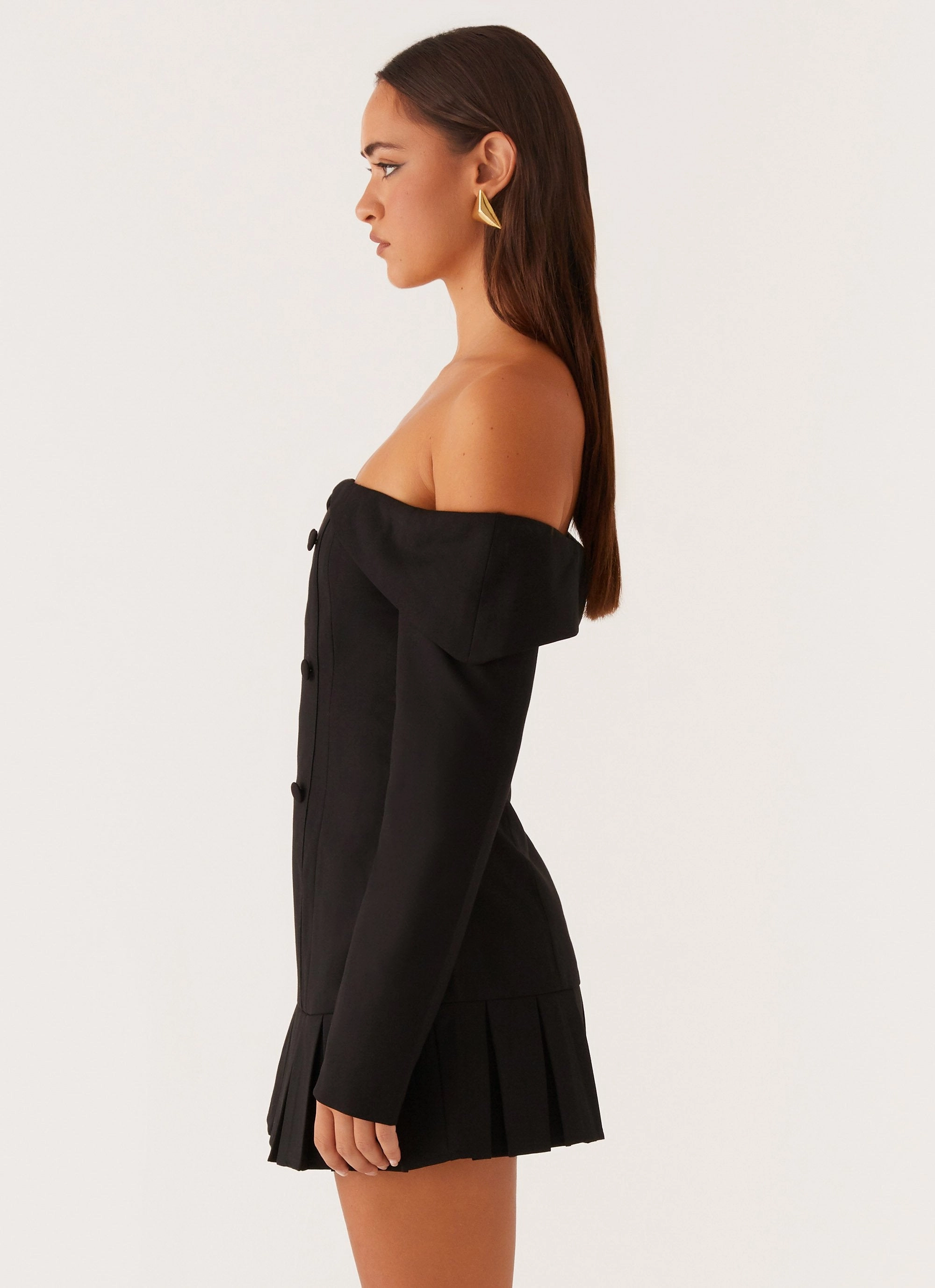 Tarlisha Off Shoulder Long Sleeve Mini Dress - Black Elegant Waistband Fit
