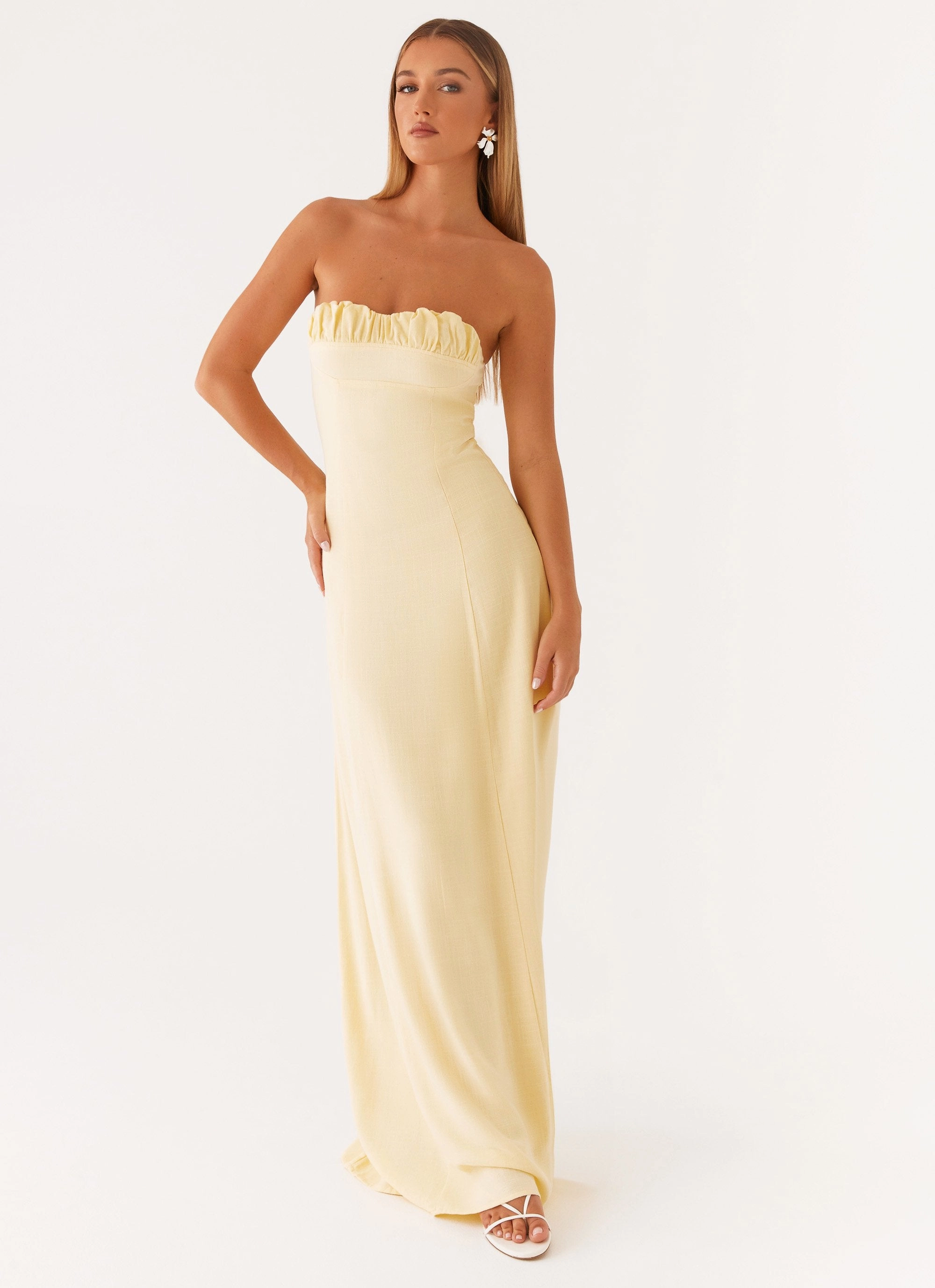 Tayla Linen Maxi Dress - Yellow Lower Hem