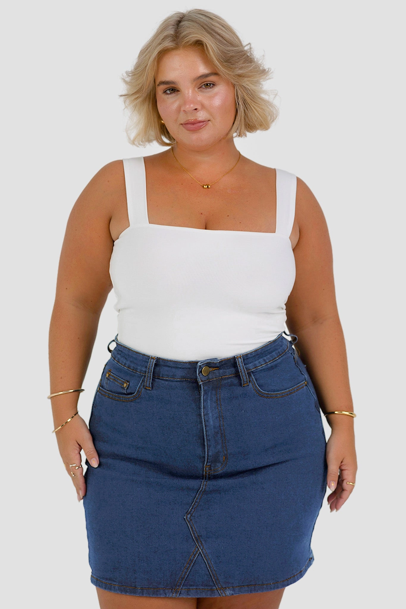 TAYO DENIM SKIRT DEEP BLUE Sequined Finish Laser Cut Edges
