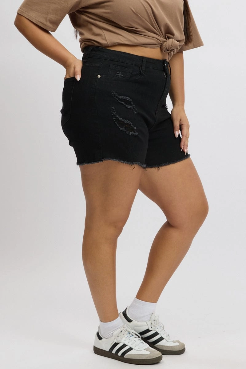 Black Skinny Shorts High Rise Stretchable Material Layered Hem Detail