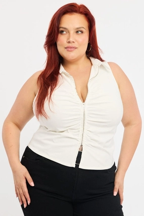 White Fitted Shirt Sleeveless Ruched Bust Zip Front Camouflage Print