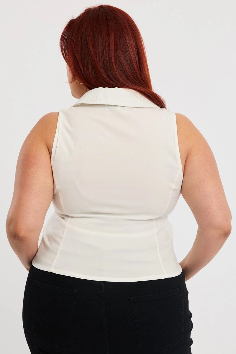 White Fitted Shirt Sleeveless Ruched Bust Zip Front Durable Stitching Festive Look