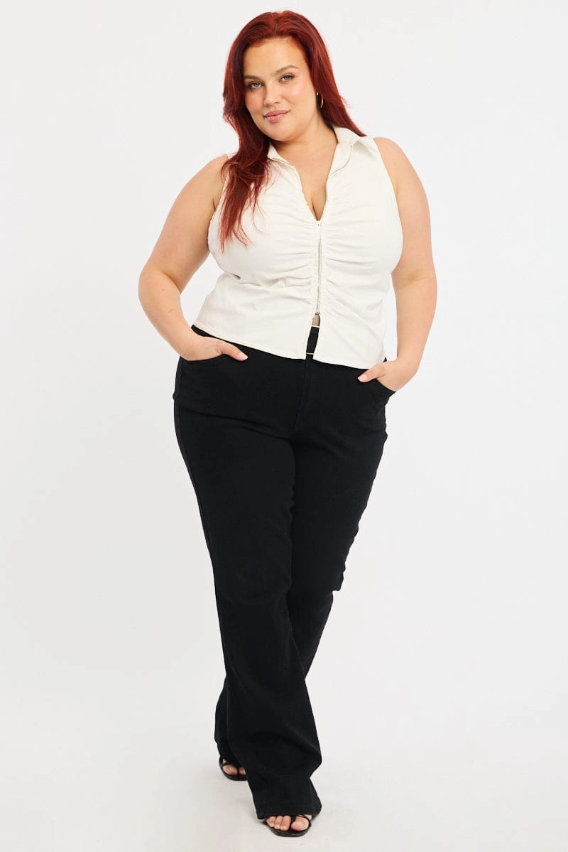 White Fitted Shirt Sleeveless Ruched Bust Zip Front Chic Design Social Meetup