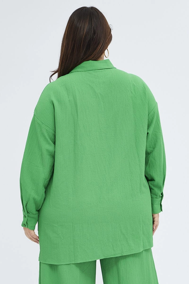 Green Textured Shirt Crinkle Button Through Oversized Short Sleeve