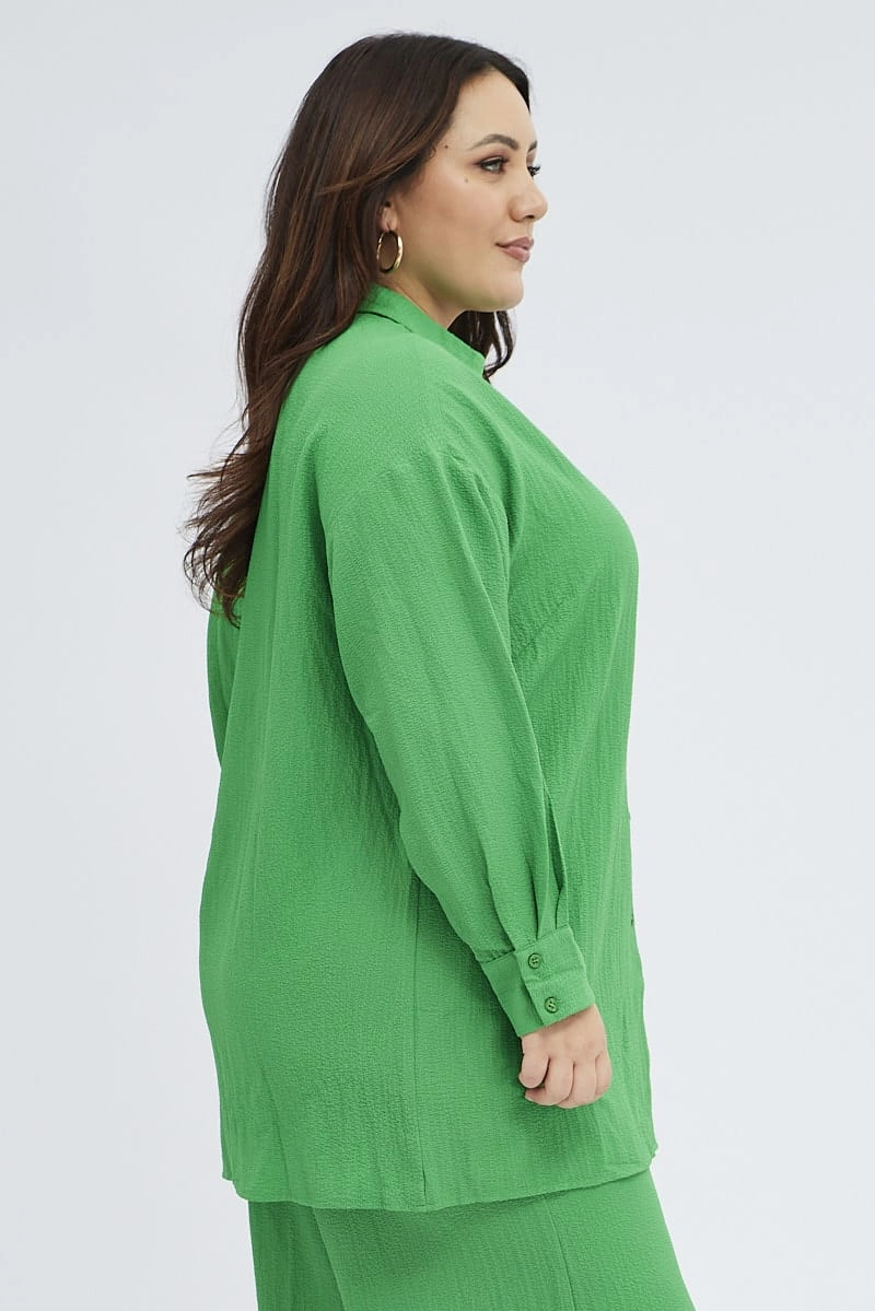 Special Occasion Green Textured Shirt Crinkle Button Through Oversized