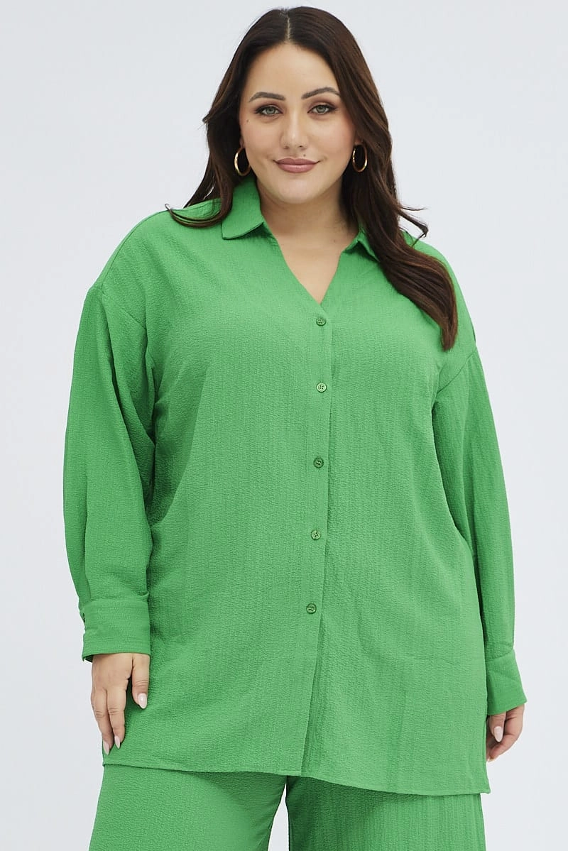 Green Textured Shirt Crinkle Button Through Oversized shopping spree Solid Hue