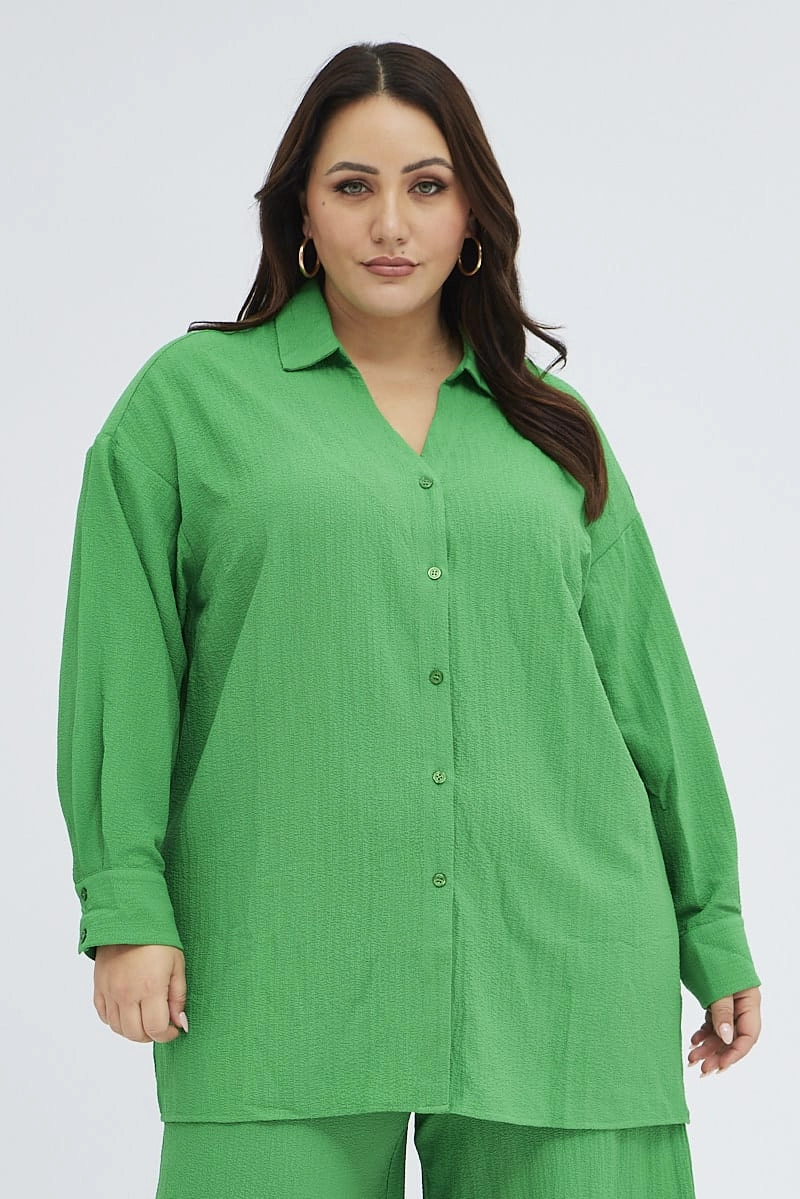 Green Textured Shirt Crinkle Button Through Oversized Active Lifestyle Light Option