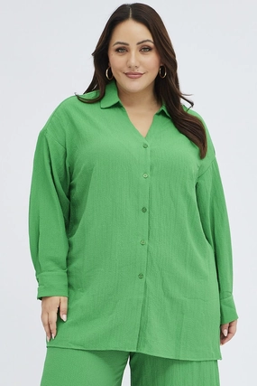 Green Textured Shirt Crinkle Button Through Oversized shopping spree Solid Hue