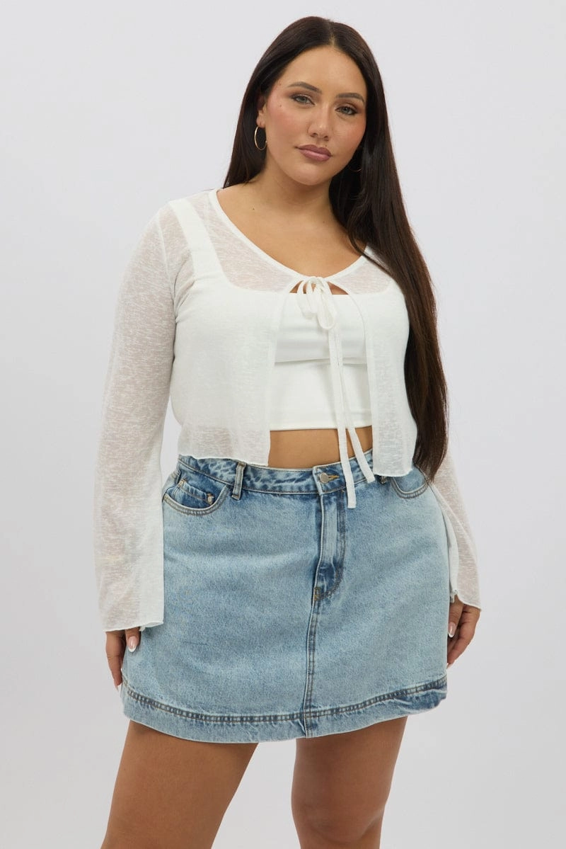 White Slub Knit Tie Cardi Bolero SeamlessBonding Functional Zip Detail