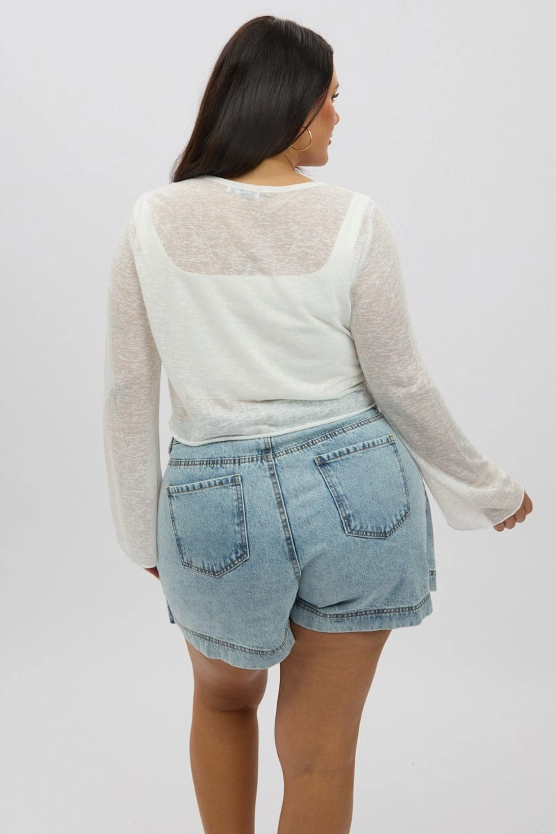 Packable Feature High Collar Options White Slub Knit Tie Cardi Bolero