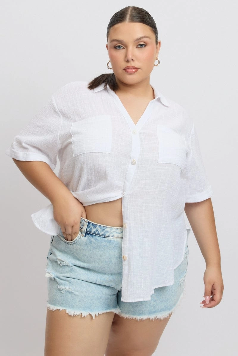 White Relaxed Shirt Short Sleeve Pocket Lightweight Wear