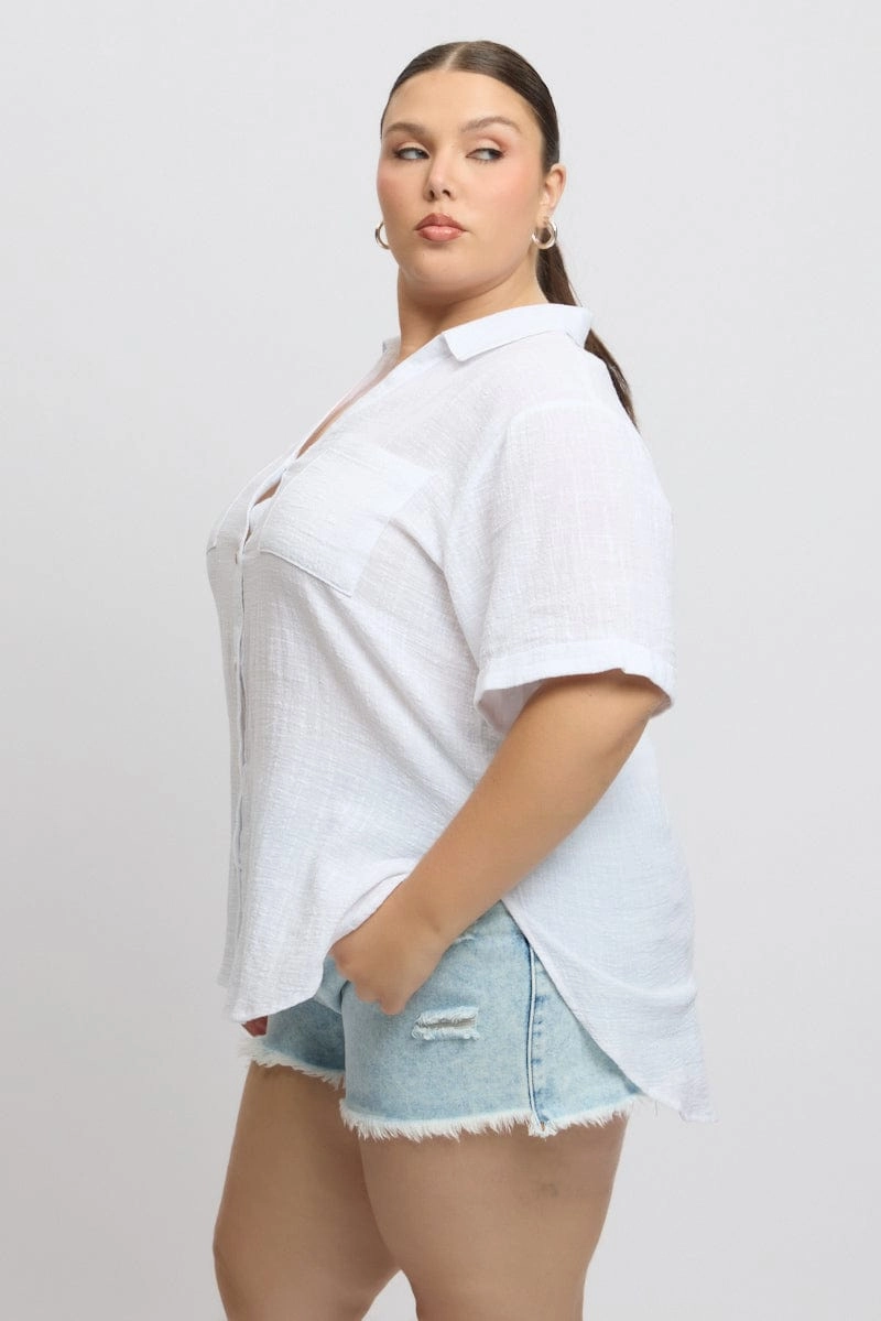 White Relaxed Shirt Short Sleeve Pocket Versatile Wear