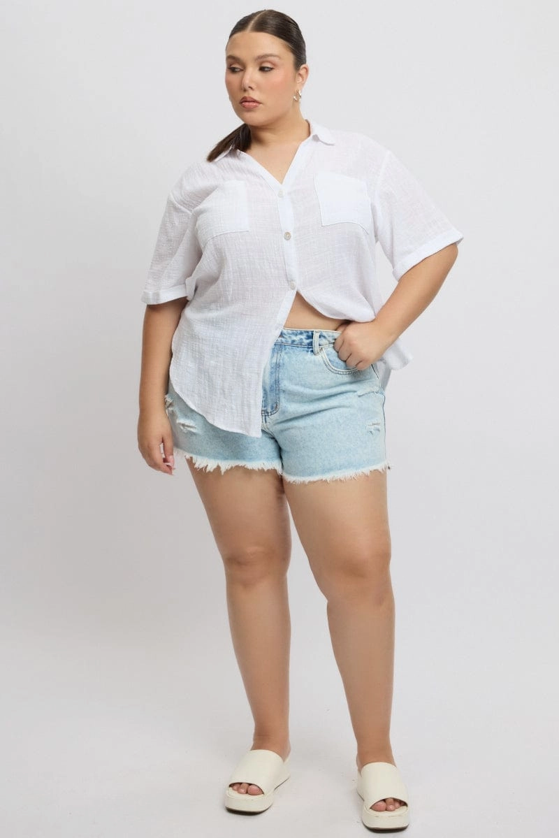 Versatile Layering White Relaxed Shirt Short Sleeve Pocket