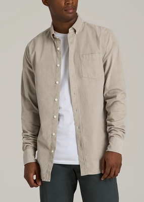 DoubleLayeredCollar Pincord Button Shirt for Tall Men in Stone
