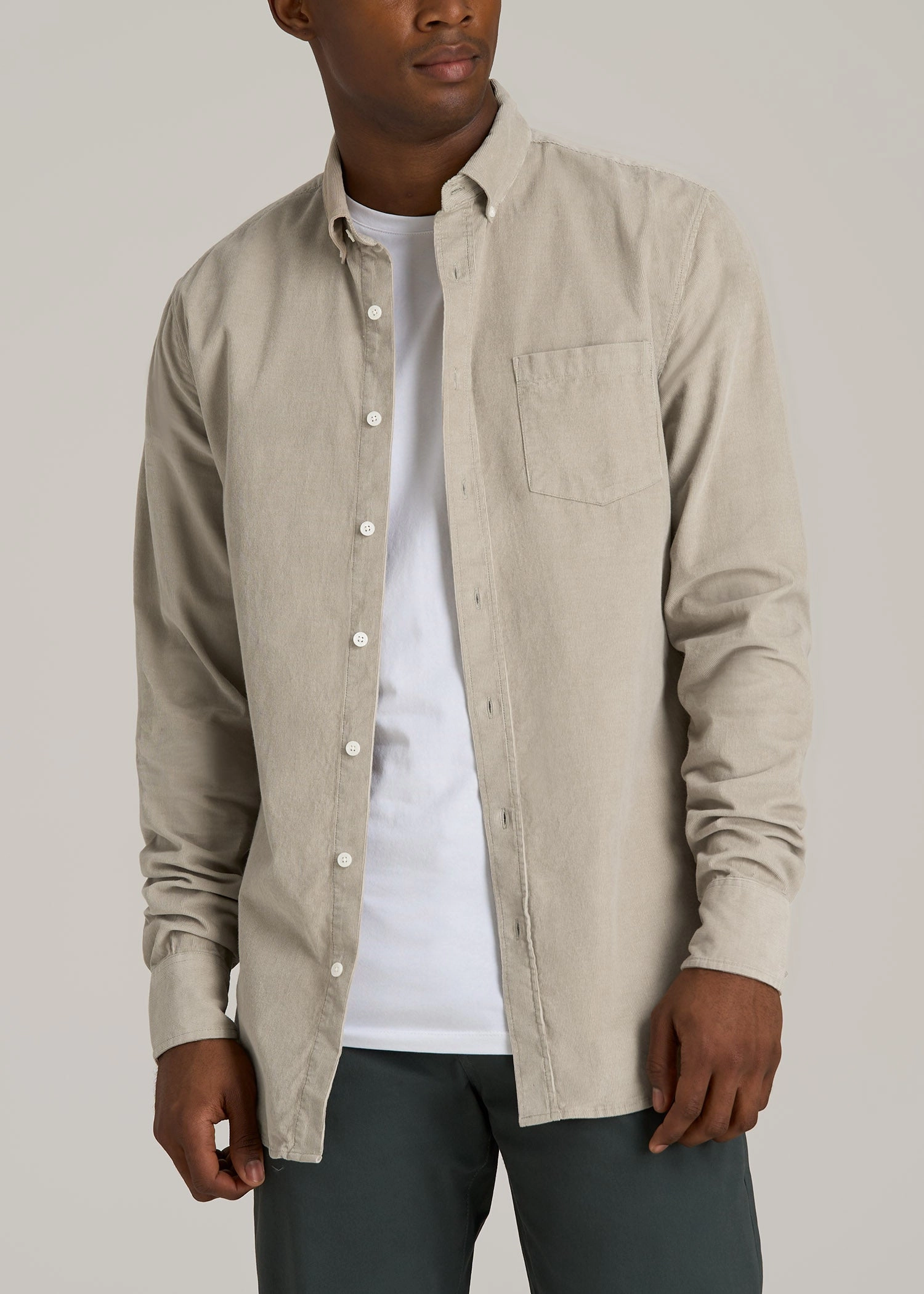 Pincord Button Shirt for Tall Men in Stone Seamless Construction Design AntiPillTreatment