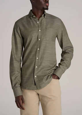 Textured Weave Cotton Button-Up Shirt for Tall Men in Olive Lightweight Layering Option