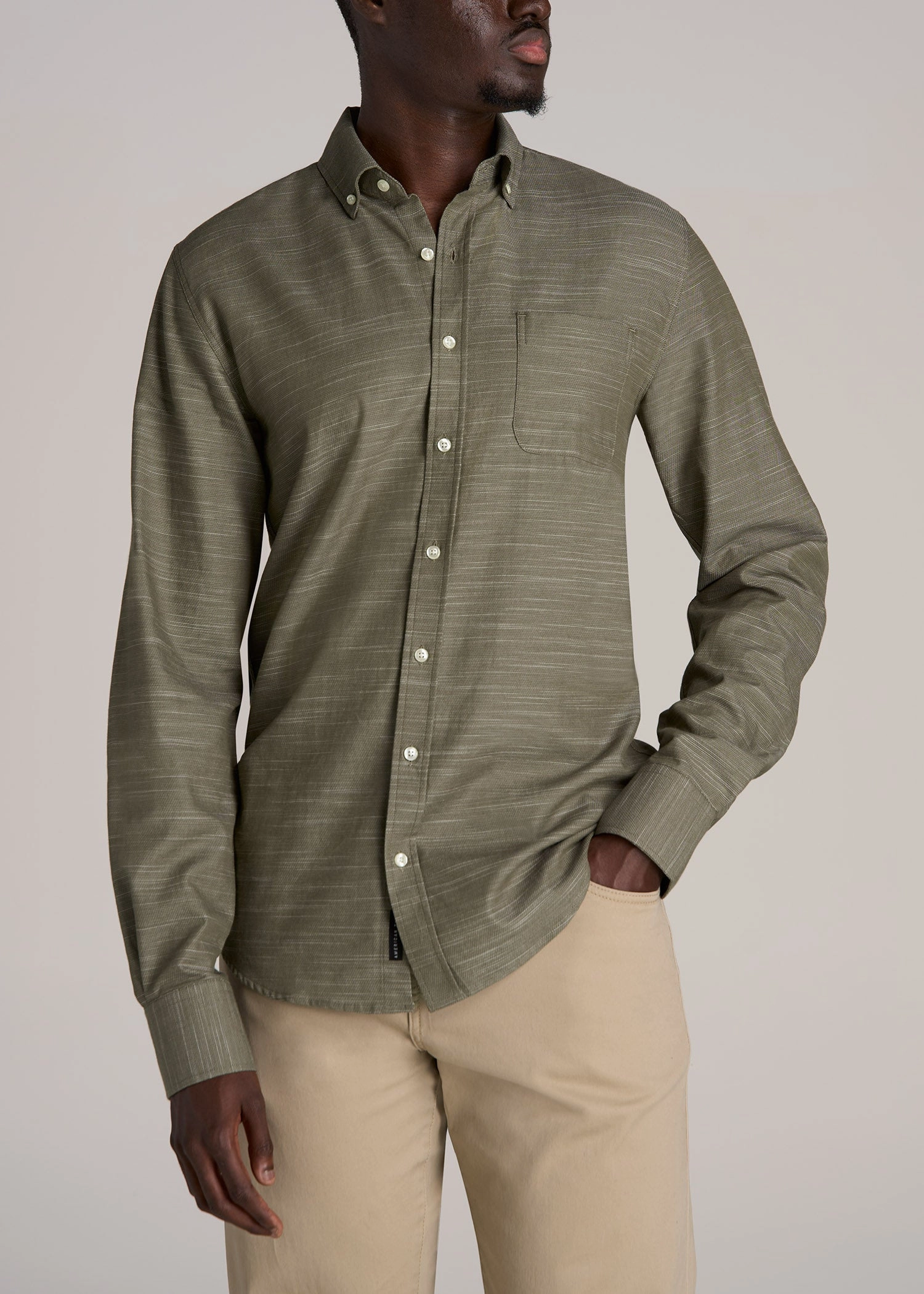 Snag Resistant Surface Textured Weave Cotton Button-Up Shirt for Tall Men in Olive