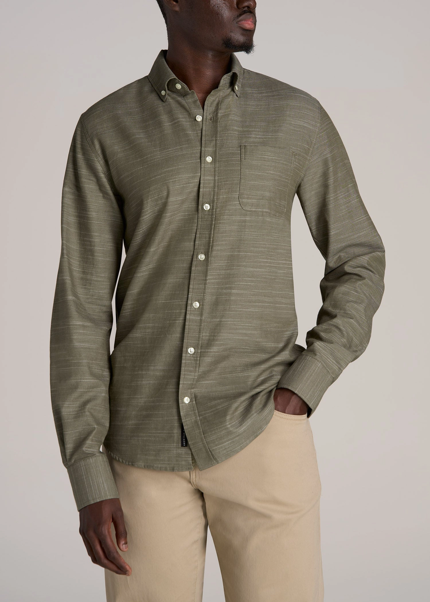 Textured Weave Cotton Button-Up Shirt for Tall Men in Olive MinimalistStyle