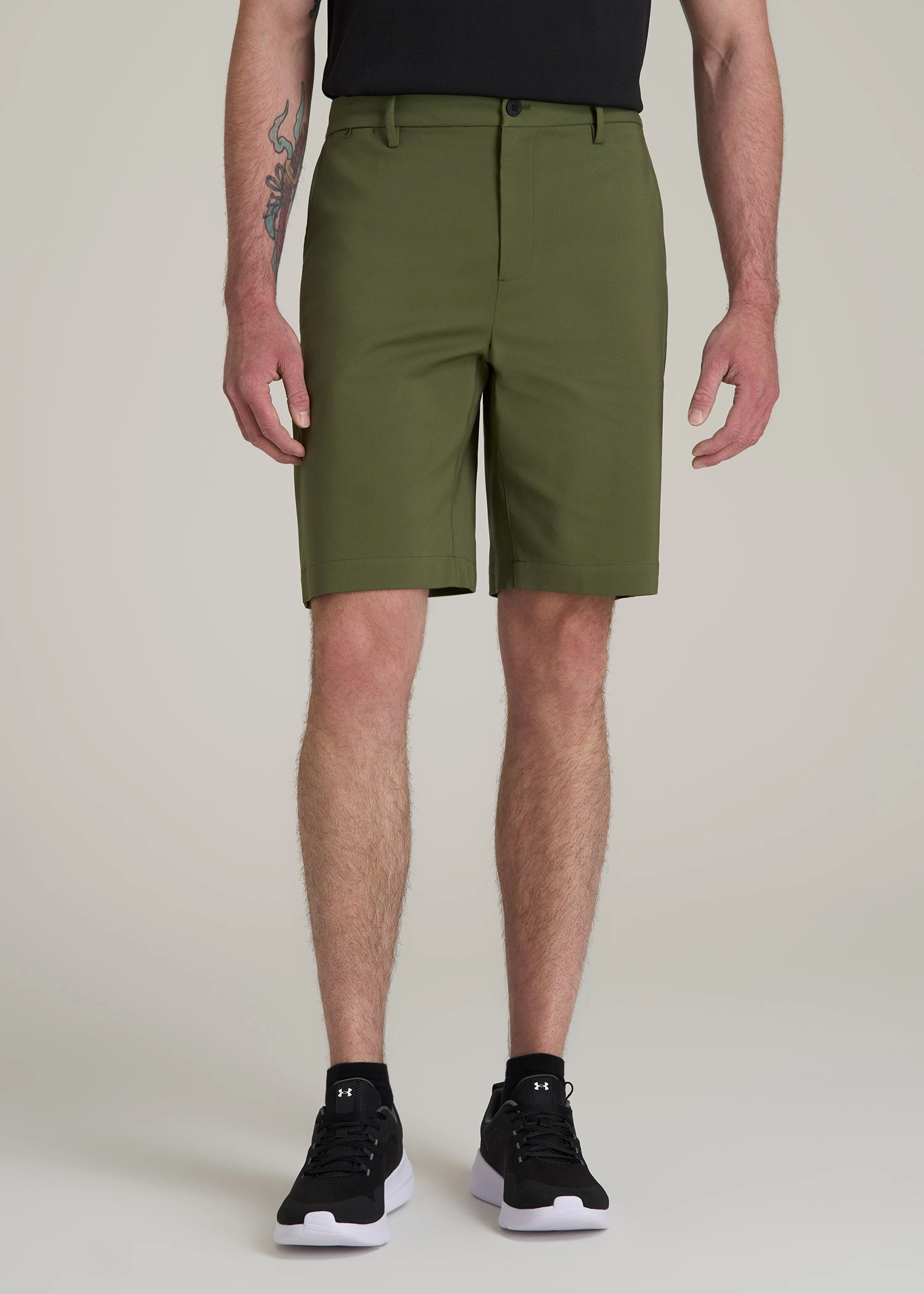 Tech Chino Shorts for Tall Men in Bright Olive Wrinkle Resistant Material High-waisted