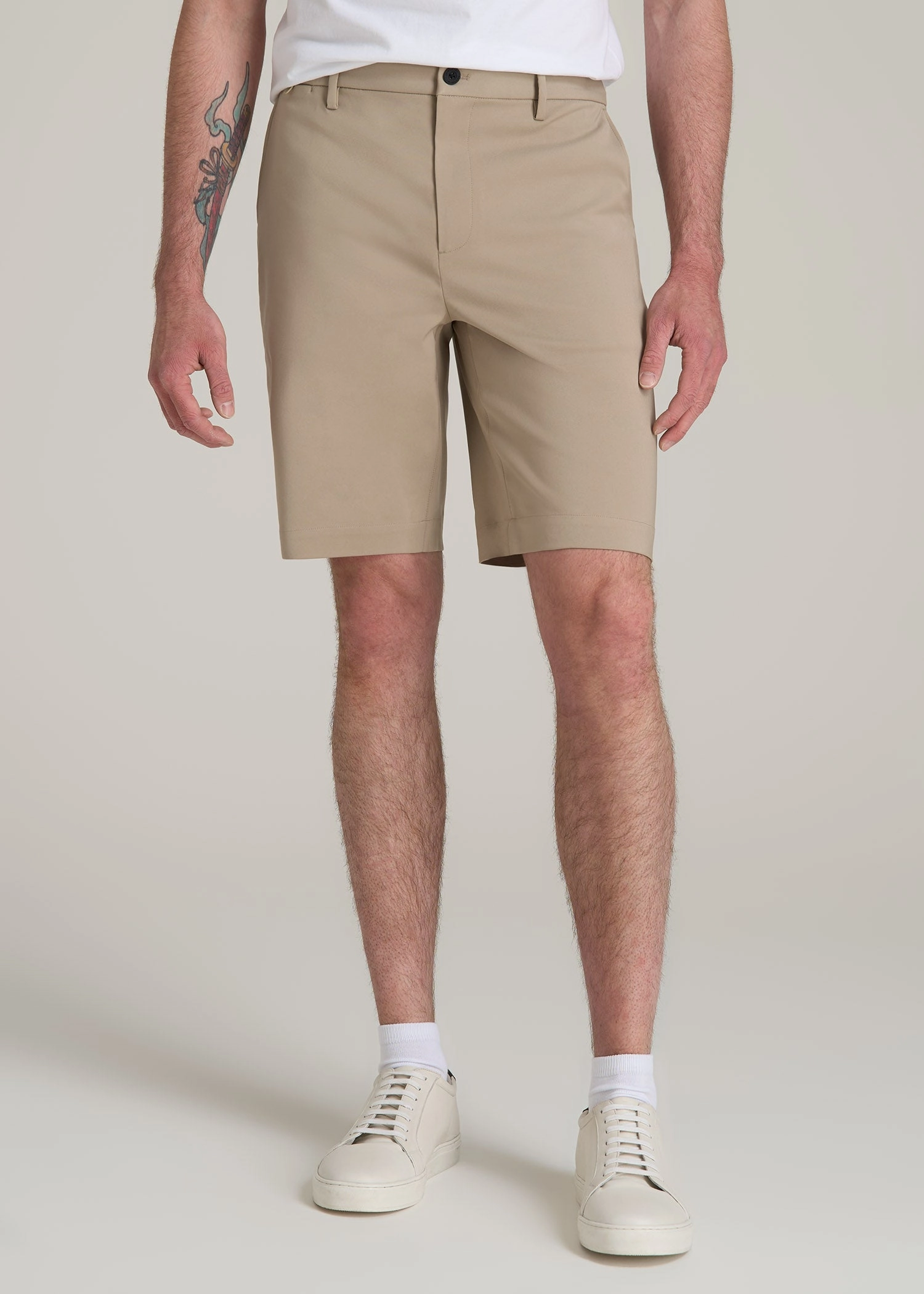 Tech Chino Shorts for Tall Men in Desert Khaki Anti Static Treatment