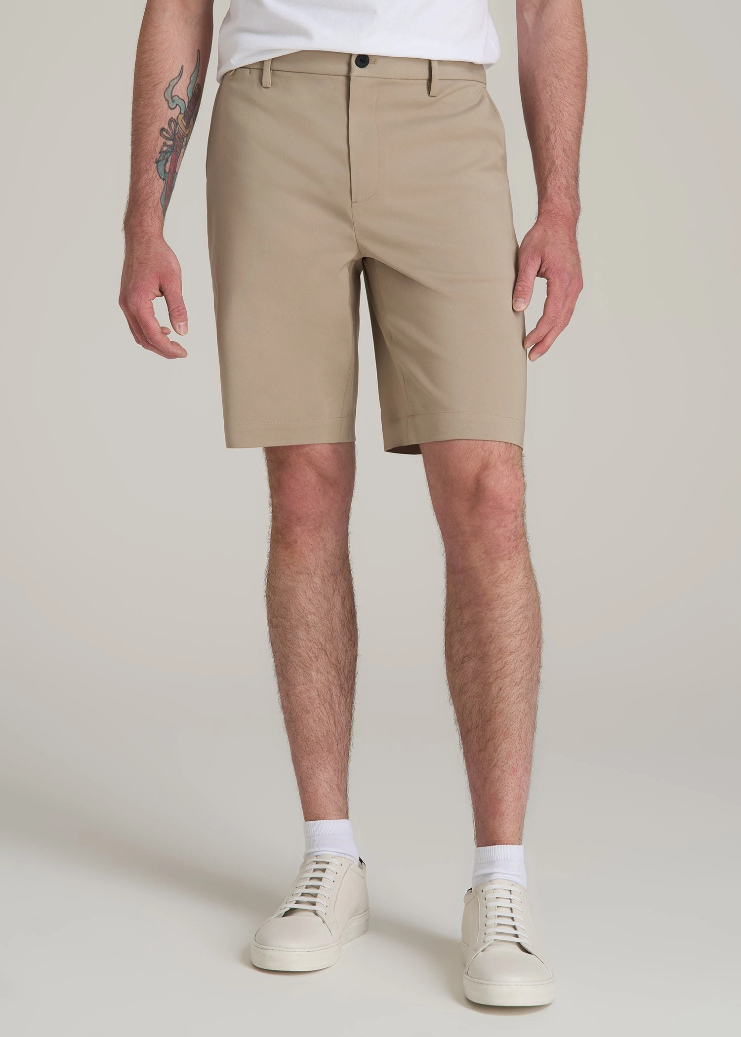 Impact Absorbing Padding Active Lifestyle Tech Chino Shorts for Tall Men in Desert Khaki