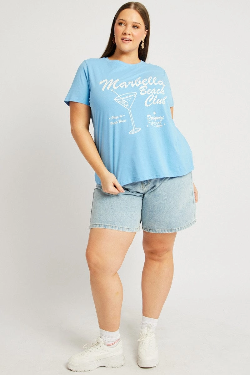 Machine washable Work efficiency Blue Graphic T Shirt Short Sleeve Crew Neck