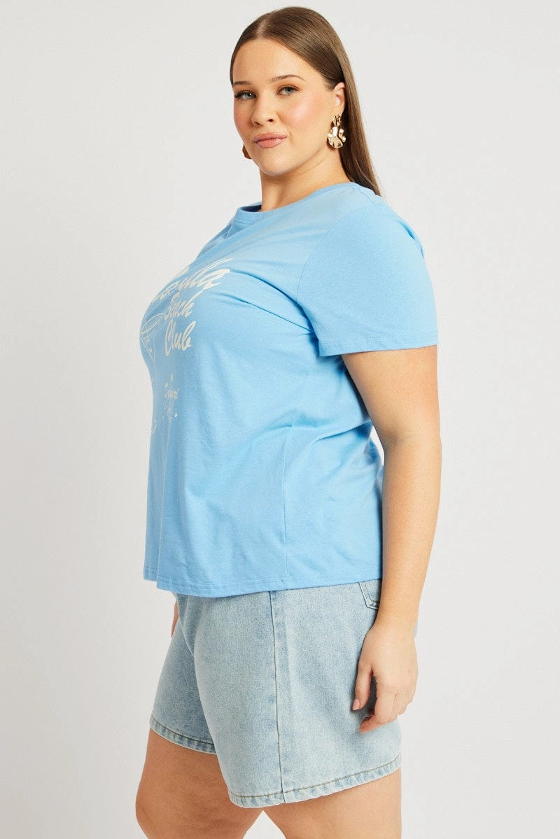 Layering Comfort Vintage authenticity Blue Graphic T Shirt Short Sleeve Crew Neck