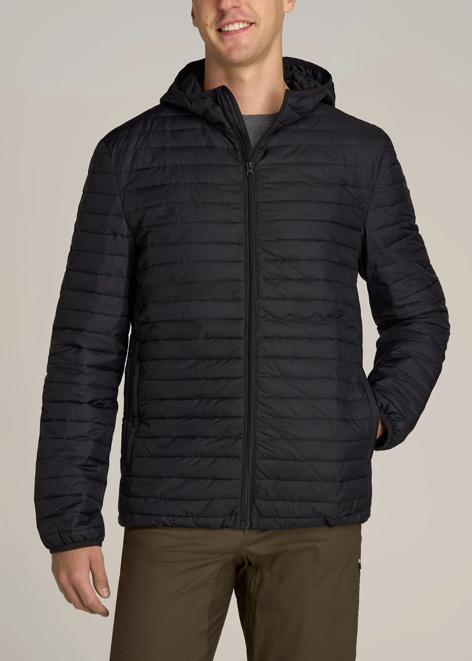 Tall Men's Packable Puffer Jacket in Black Leather Bits