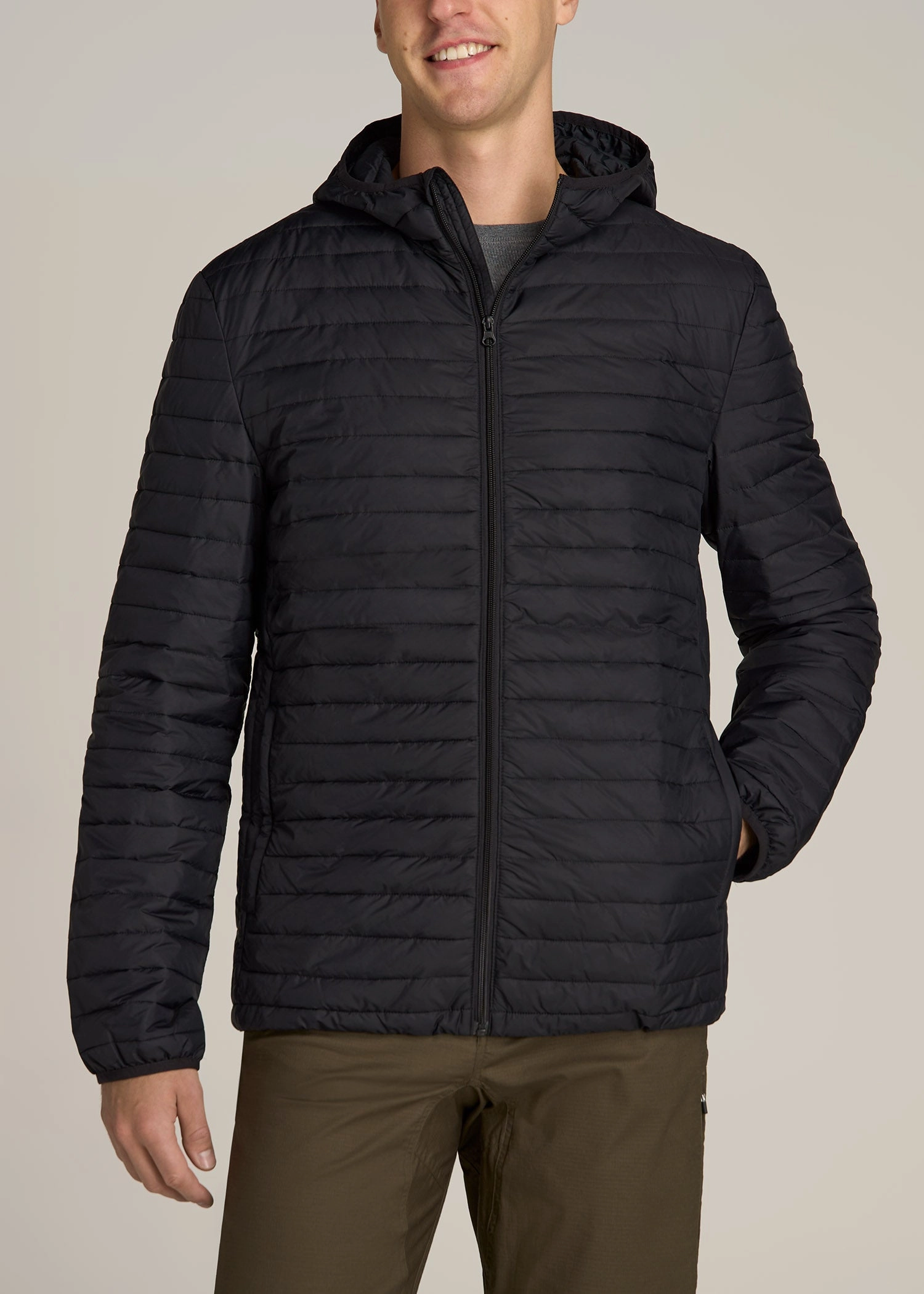 Ultraviolet Protection Functional Pockets Style Tall Men's Packable Puffer Jacket in Black