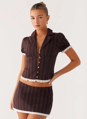 Janette Low Rise Micro Mini Skort - Toffee Stripe Low Maintenance Fabric Elasticized Cuff