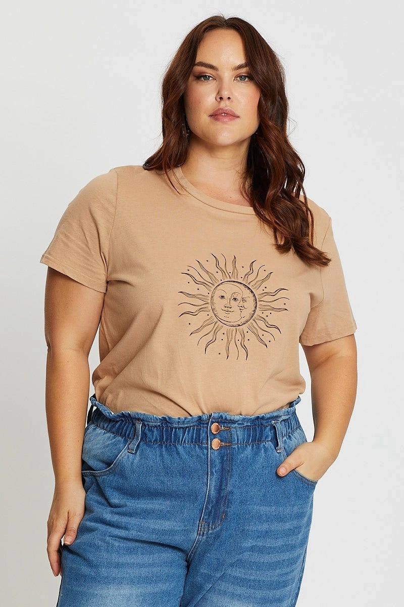 Brown Short Sleeve Graphic Print Sun T-shirt Outdoor Outfit Style casual top