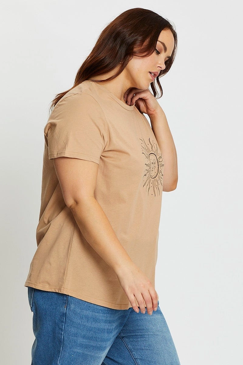 Brown Short Sleeve Graphic Print Sun T-shirt Scoop neck femininity