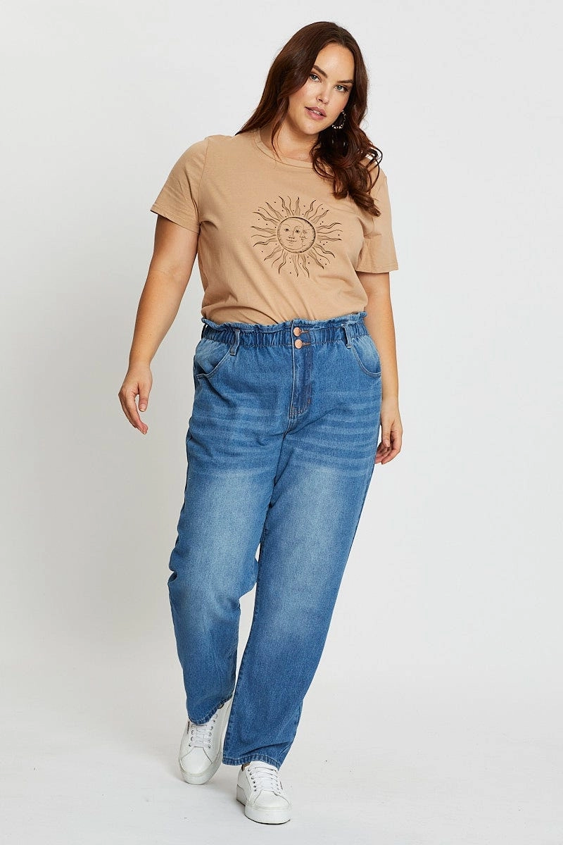 Cool and casual Beaded details Brown Short Sleeve Graphic Print Sun T-shirt