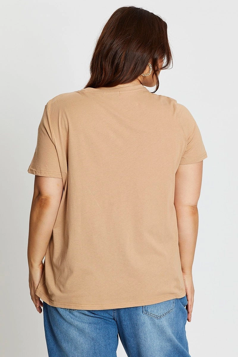 Lightweight Comfort Flexible Ribbed Cuffs Brown Short Sleeve Graphic Print Sun T-shirt