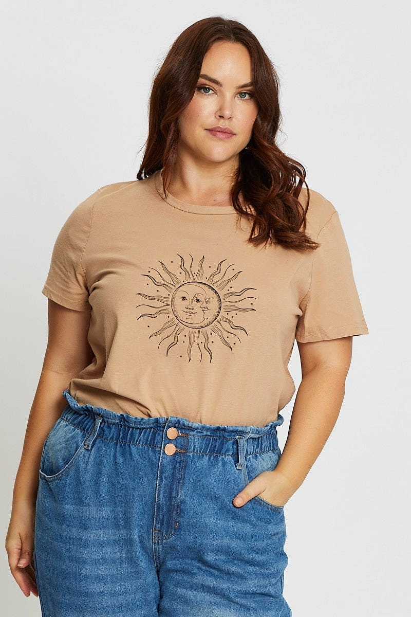 Sporty Active Wear Anti Pilling Treatment Brown Short Sleeve Graphic Print Sun T-shirt