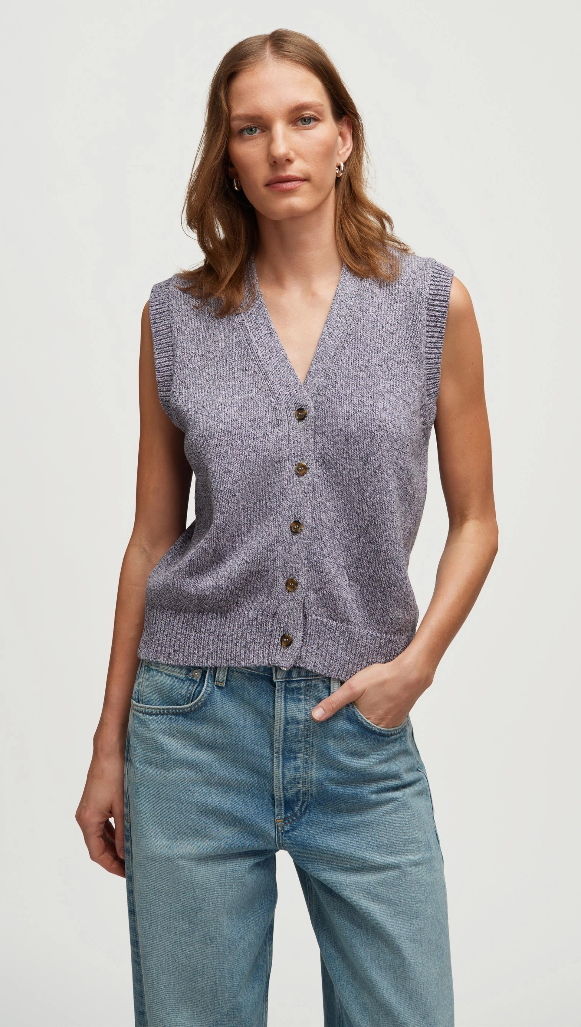 Hygroscopic Inner Layer Knit Button Vest in Cotton | Purple Multi