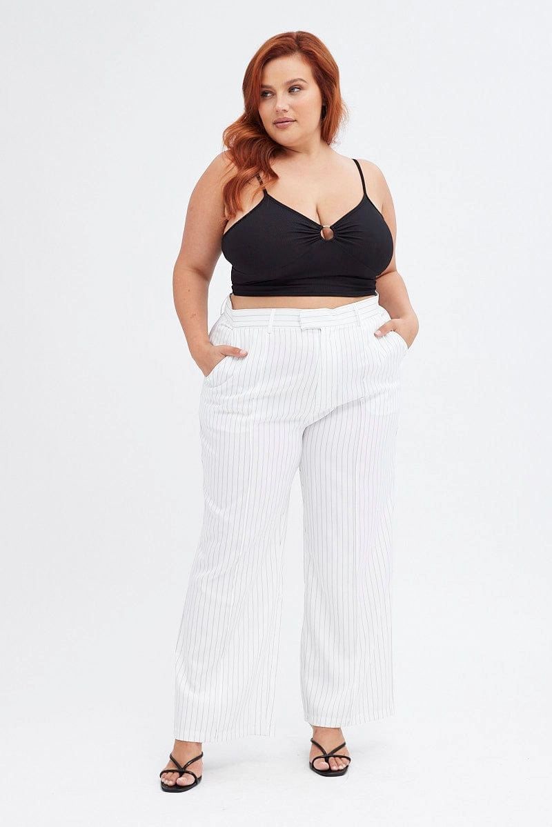 Stripe Wide Leg Pants High Rise Pin Seam Front Slim Fit Design Ventilated Panels
