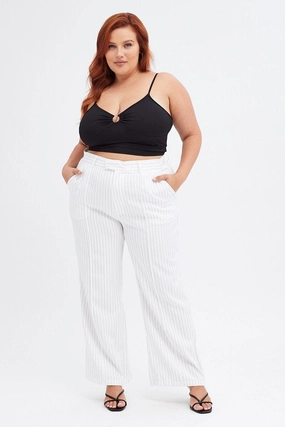 Breathable Waist Stripe Wide Leg Pants High Rise Pin Seam Front