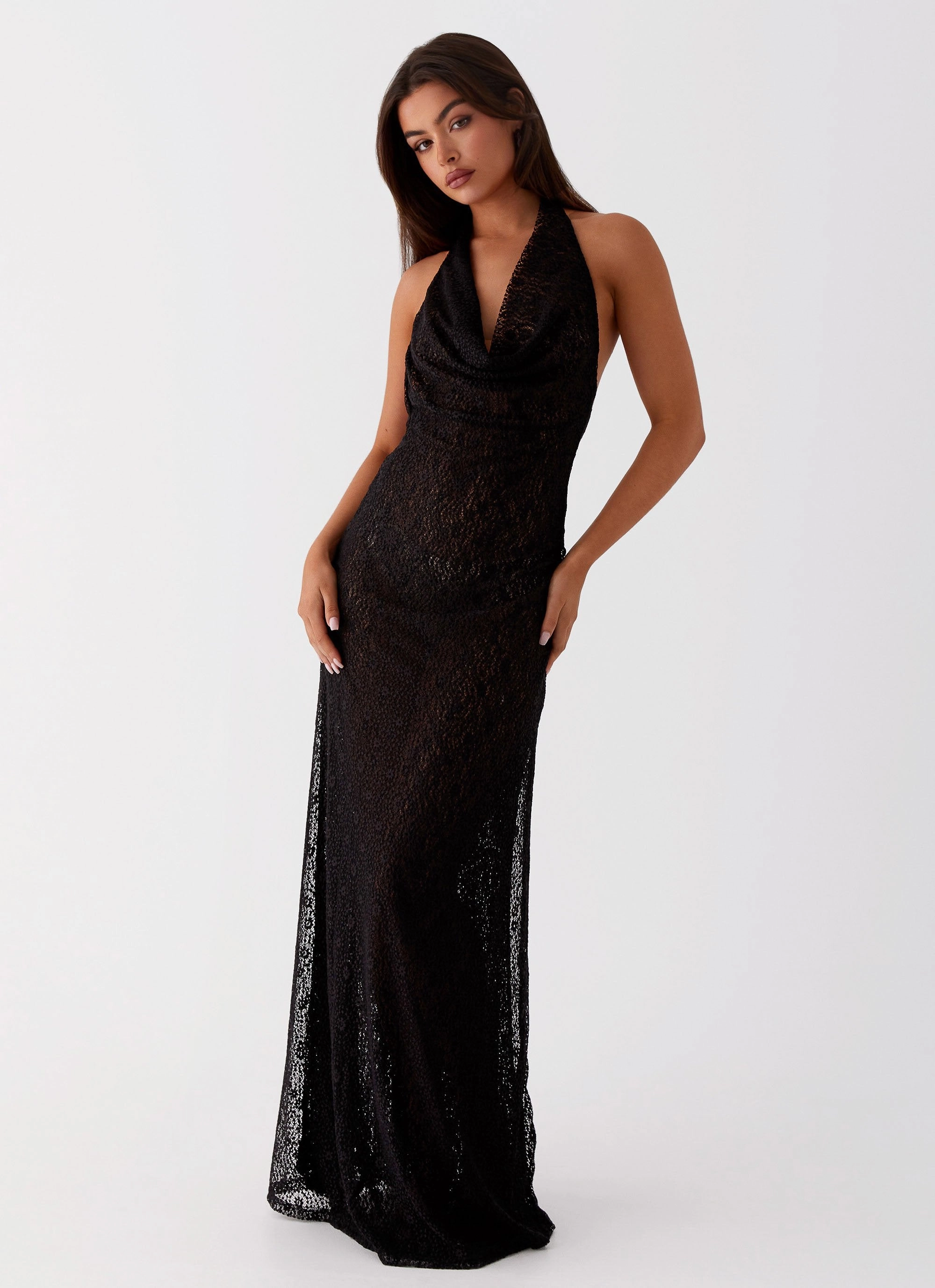 Tempest Cowl Neck Maxi Dress - Black Figure-Skimming Glossy-Finish