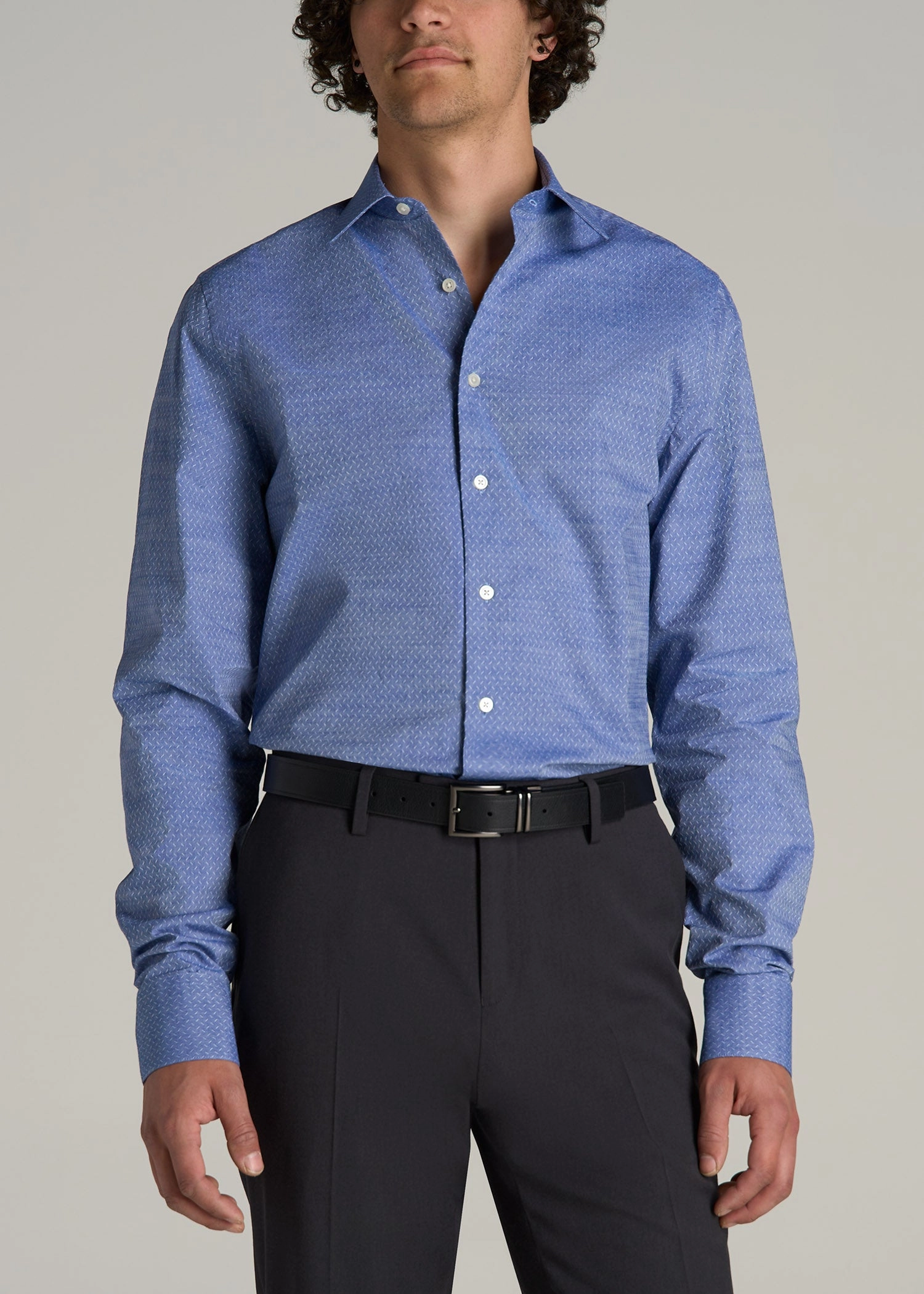 Premium Dress Shirt for Tall Men in Medium Blue Diagonal NonIrritating Stitching Metallic Fiber Blend