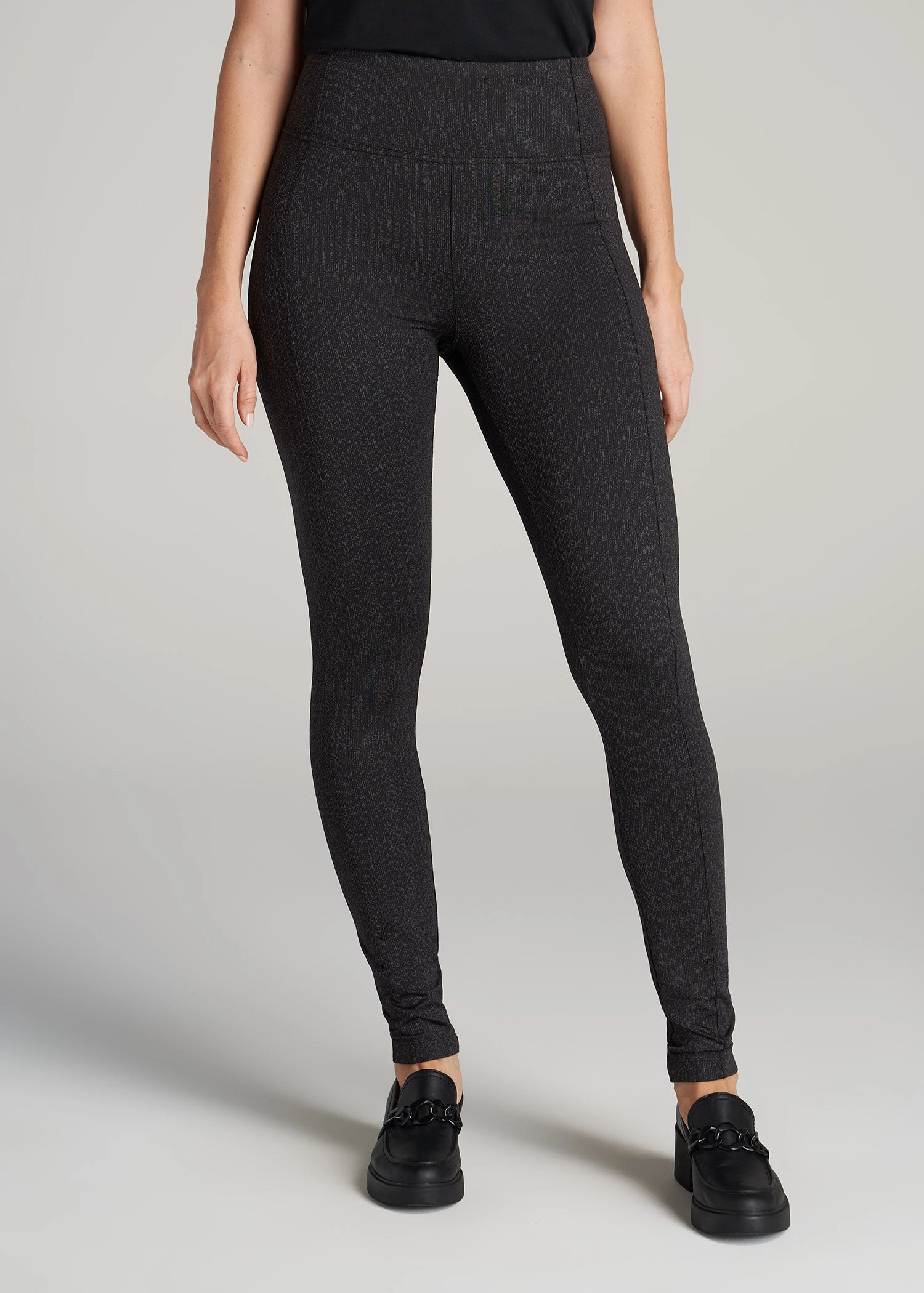 Silky Soft Textured Back Pocket Women's Tall Leggings in Black Charcoal Jacquard