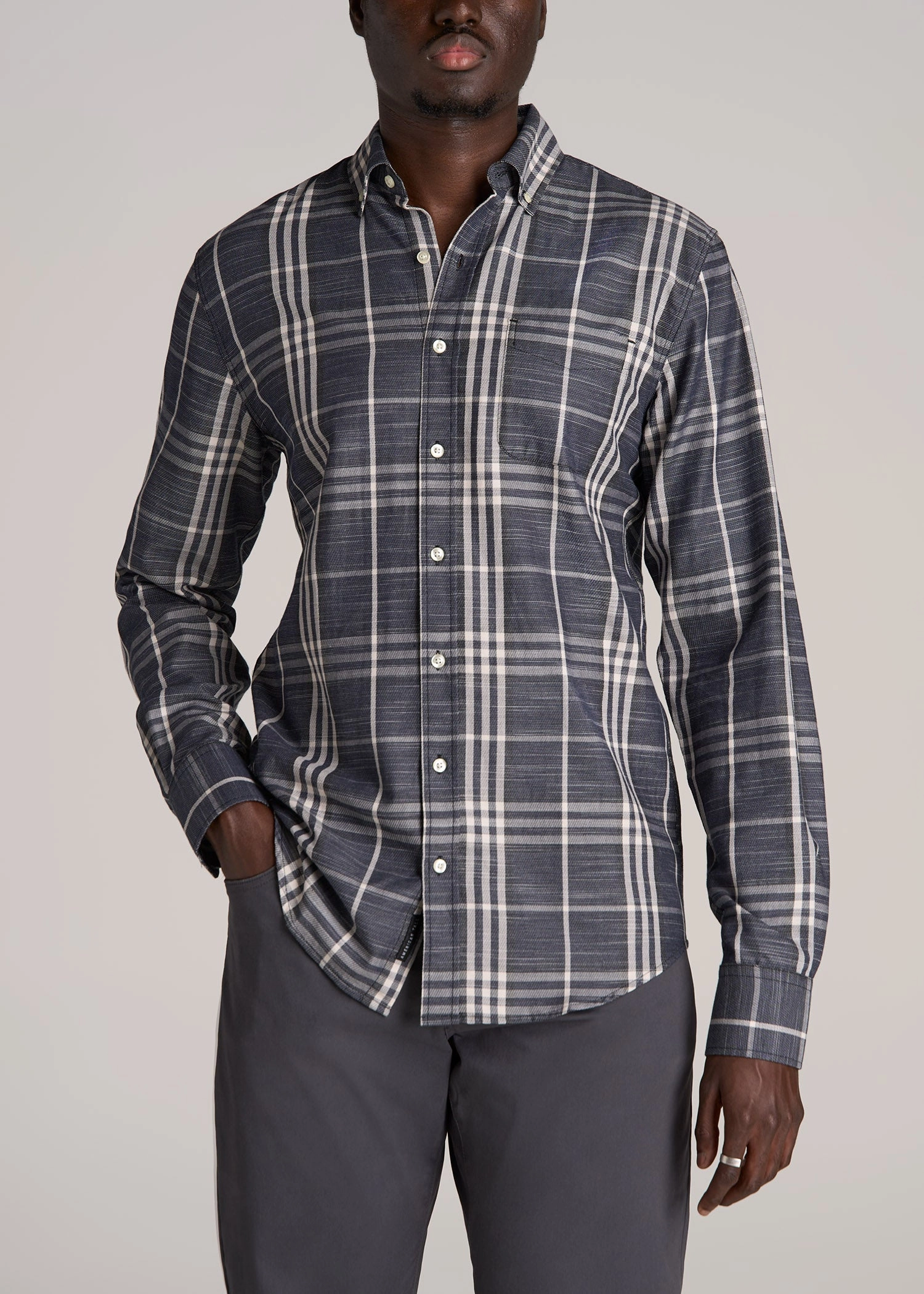 Cold Weather LightweightTexture Textured Weave Cotton Button-Up Shirt for Tall Men in Dark Blue Plaid